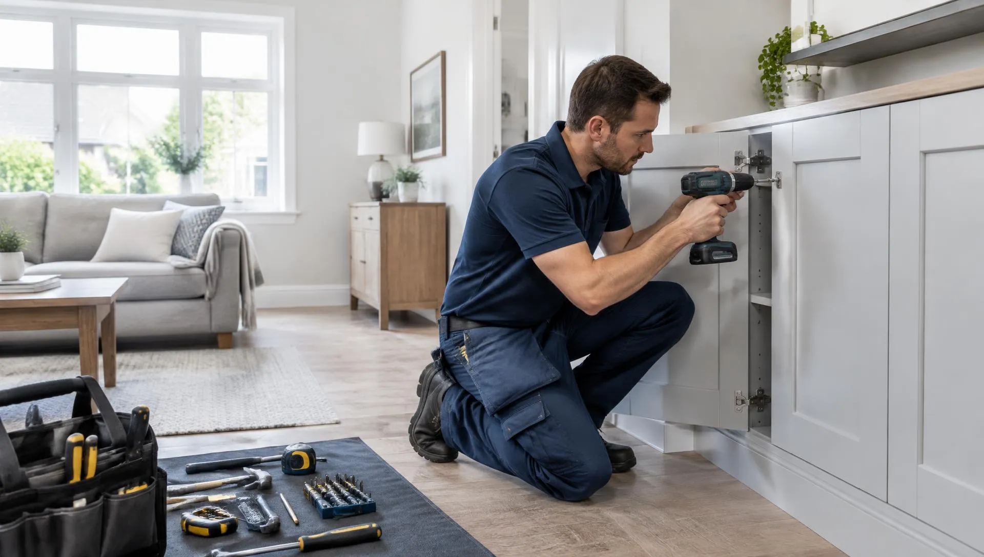 Tradesperson adjusting a cabinet in a tidy, naturally lit home